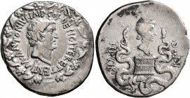 Mark Antony and Octavia, 40-35 BC. Cistophorus (Silver, 27 mm, 12.28 g, 1 h), Ephesus, summer-autumn 39. M•ANTONIVS•IMP•COS•DESIG•ITER•ET•TERT• Head o...