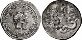 Mark Antony and Octavia, 40-35 BC. Cistophorus (Silver, 27 mm, 12.01 g, 11 h), Ephesus, summer-autumn 39. M•ANTONIVS•IMP•COS•DESIG•ITER•ET•TERT• Conjo...