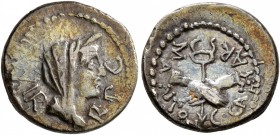 Mark Antony, 44-30 BC. Quinarius (Silver, 14 mm, 1.76 g, 6 h), military mint traveling with Octavian in Gaul, late 39. III•VIR• - R•P•C Diademed and v...