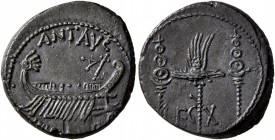 Mark Antony, 44-30 BC. Denarius (Silver, 18 mm, 3.66 g, 6 h), military mint moving with Mark Antony (Patrae?), 32-31. ANT AVG III VIR R P C Galley rig...