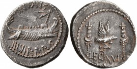 Mark Antony, 44-30 BC. Denarius (Silver, 18 mm, 3.79 g, 6 h), military mint moving with Mark Antony (Patrae?), 32-31. ANT•AVG•III•VIR•R•P•C Galley rig...