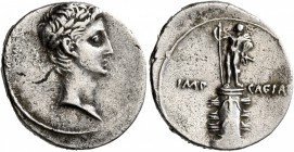 Octavian, 44-27 BC. Denarius (Silver, 18 mm, 3.16 g, 3 h), uncertain Italian mint, circa 29-27. Laureate head of Octavian as Apollo to right. Rev. IMP...