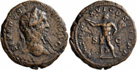 Septimius Severus, 193-211. As (Copper, 26 mm, 8.94 g, 1 h), Rome, 208. SEVERVS PIVS AVG Laureate head of Septimius Severus to right. Rev. P M TR P XV...