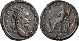 Septimius Severus, 193-211. Dupondius (Orichalcum, 25 mm, 12.41 g, 6 h), Rome, early 211. SEVERVS PIVS AVG Radiate head of Septimius Severus to right....