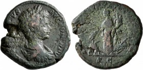 Caracalla, 198-217. As (Copper, 23 mm, 9.34 g, 6 h), Rome, 202. [ANTONI]NVS PIVS AVG PON TR P V Bare-headed, draped and cuirassed bust of Caracalla to...
