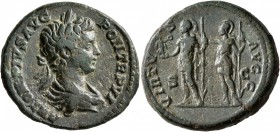 Caracalla, 198-217. As (Copper, 25 mm, 10.52 g, 1 h), Rome, 203. ANTON PIVS AVG PONT TR P VI Bare-headed and draped bust of Caracalla to right, seen f...
