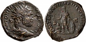 Caracalla, 198-217. Dupondius (Orichalcum, 26 mm, 10.68 g, 1 h), Rome, 214. ANTONINVS PIVS AVG GERM Radiate, draped and cuirassed bust of Caracalla to...