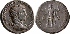 Caracalla, 198-217. Dupondius (Orichalcum, 24 mm, 8.82 g, 11 h), Rome, 214. ANTONINVS PIVS AVG GERM Radiate, draped and cuirassed bust of Caracalla to...