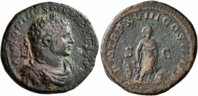 Caracalla, 198-217. As (Copper, 26 mm, 10.09 g, 2 h), Rome, 215. ANTONINVS PIVS AVG GERM Laureate, draped and cuirassed bust of Caracalla to right. Re...