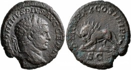 Caracalla, 198-217. As (Copper, 25 mm, 10.67 g, 1 h), Rome, 217. ANTONINVS PIVS AVG GERM Laureate head of Caracalla to right. Rev. P M TR P XX COS III...