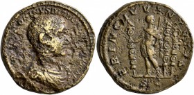 Diadumenian, 218. Dupondius (Orichalcum, 25 mm, 12.55 g, 1 h), Rome. M OP[EL AN]TONINVS DIADV[MENIAN]VS CAES Bare-headed, draped and cuirassed bust of...
