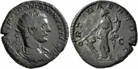 Elagabalus, 218-222. Dupondius (Orichalcum, 25 mm, 10.51 g, 11 h), Rome. IMP CAES M AVR ANTONINVS PIVS AVG Laureate, draped and cuirassed bust of Elag...