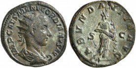 Gordian III, 238-244. Dupondius (Orichalcum, 25 mm, 10.48 g, 2 h), Rome, 240. IMP CAES M ANT GORDIANVS AVG Radiate, draped and cuirassed bust of Gordi...