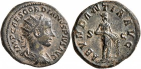 Gordian III, 238-244. Dupondius (Orichalcum, 25 mm, 10.10 g, 1 h), Rome, 240. IMP CAES GORDIANVS PIVS AVG Radiate, draped and cuirassed bust of Gordia...