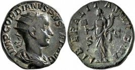 Gordian III, 238-244. Dupondius (Orichalcum, 23 mm, 8.63 g, 1 h), Rome, 240. IMP GORDIANVS PIVS FEL AVG Radiate, draped and cuirassed bust of Gordian ...