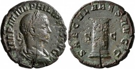 Philip II, 247-249. As (Copper, 25 mm, 10.54 g, 12 h), Rome, 248. IMP M IVL PHILIPPVS AVG Laureate, draped and cuirassed bust of Philip II to right. R...