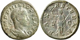 Philip II, 247-249. As (Copper, 26 mm, 9.46 g, 12 h), Rome. IMP PHILIPPVS AVG Laureate, draped and cuirassed bust of Philip II to right, seen from beh...