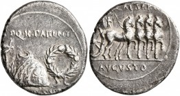 Augustus, 27 BC-AD 14. Denarius (Silver, 18 mm, 3.81 g, 6 h), uncertain Spanish mint (Colonia Patricia?), circa 18 BC. [S]PQ•R•PARENT [CONS] SVO Toga ...