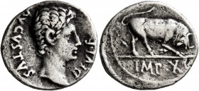 Augustus, 27 BC-AD 14. Denarius (Silver, 19 mm, 3.53 g, 8 h), Lugdunum, 15-13 BC. AVGVSTVS DIVI•F Bare head of Augustus to right. Rev. IMP•X Bull butt...