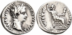 Tiberius, 14-37. Denarius (Silver, 18 mm, 3.76 g, 7 h), Lugdunum. TI CAESAR DIVI AVG F AVGVSTVS Laureate head of Tiberius to right. Rev. PONTIF MAXIM ...