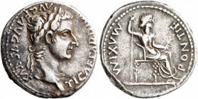 Tiberius, 14-37. Denarius (Silver, 19 mm, 3.63 g, 4 h), Lugdunum. TI CAESAR DIVI AVG F AVGVSTVS Laureate head of Tiberius to right. Rev. PONTIF MAXIM ...