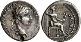Tiberius, 14-37. Denarius (Subaeratus, 18 mm, 2.81 g, 6 h), irregular mint. TI CAESAR DIVI AVG F AVGVSTVS Laureate head of Tiberius to right. Rev. PON...