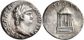 Nero, 54-68. Denarius (Silver, 17 mm, 3.25 g, 6 h), Rome, circa 65-66. NERO CAESAR AVGVSTVS Laureate head of Nero to right. Rev. VESTA Vesta seated fa...