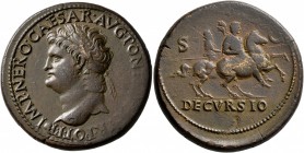 Nero, 54-68. Sestertius (Orichalcum, 35 mm, 27.41 g, 7 h), Lugdunum, circa 66. IMP•NERO•CAESAR•AVG•PONT•MAX•TR•POT•P•P Laureate head of Nero to left, ...