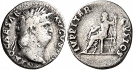 Nero, 54-68. Denarius (Silver, 18 mm, 3.29 g, 6 h), Rome, 67-68. NERO CAESAR AVGVSTVS Laureate head of Nero to right. Rev. IVPPITER CVSTOS Jupiter sea...
