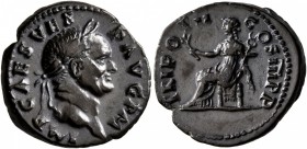 Vespasian, 69-79. Denarius (Silver, 17 mm, 3.50 g, 7 h), Rome, 71. IMP CAESAR VESP AVG P M Laureate head of Vespasian to right. Rev. TRI POT II COS II...