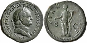Vespasian, 69-79. Sestertius (Orichalcum, 34 mm, 25.98 g, 5 h), Rome, 74. IMP CAES VESPASIAN AVG P M TR P P P COS V CENS Laureate head of Vespasian to...