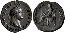 Vespasian, 69-79. Denarius (Silver, 17 mm, 3.46 g, 7 h), Rome, 77-78. CAESAR VESPASIANVS AVG Laureate head of Vespasian to right. Rev. ANNONA AVG Anno...