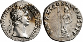 Domitian, 81-96. Denarius (Silver, 18 mm, 3.36 g, 5 h), Rome, 90. IMP CAES DOMIT AVG GERM P M TR P VIIII Laureate head of Domitian to right. Rev. IMP ...