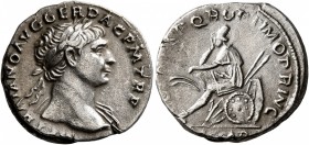 Trajan, 98-117. Denarius (Silver, 18 mm, 3.58 g, 7 h), Rome, circa 108-109. IMP TRAIANO AVG GER DAC P M TR P Laureate head of Trajan to right, drapery...