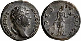 Hadrian, 117-138. Denarius (Silver, 17 mm, 3.60 g, 6 h), Rome, 134-138. HADRIANVS AVG COS III P P Bare head of Hadrian to right, with slight drapery o...