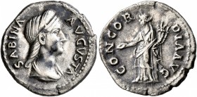Sabina, Augusta, 128-136/7. Denarius (Silver, 18 mm, 3.10 g, 6 h), Rome. SABINA AVGVSTA Diademed and draped bust of Sabina to right. Rev. CONCORDIA AV...