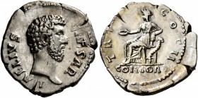 Aelius, Caesar, 136-138. Denarius (Silver, 18 mm, 2.97 g, 6 h), Rome, 137. L AELIVS CAESAR Bare head of Aelius to right. Rev. TR POT COS II / CONCORD ...