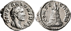 Divus Antoninus Pius, died 161. Denarius (Silver, 19 mm, 3.49 g, 7 h), Rome. DIVVS ANTONINVS Bare head of Divus Antoninus Pius to right, with slight d...