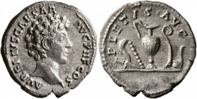 Marcus Aurelius, as Caesar, 139-161. Denarius (Silver, 17 mm, 2.68 g, 12 h), Rome, 140-144. AVRELIVS CAESAR AVG PII F COS Bare head of Marcus Aurelius...