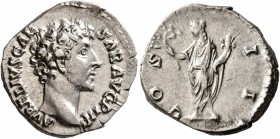 Marcus Aurelius, as Caesar, 139-161. Denarius (Silver, 18 mm, 3.23 g, 6 h), Rome, 145-147. AVRELIVS CAESAR AVG PII F Bare head of Marcus Aurelius to r...