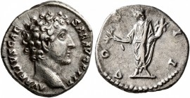 Marcus Aurelius, as Caesar, 139-161. Denarius (Silver, 17 mm, 3.34 g, 7 h), Rome, circa 145-147. AVRELIVS CAESAR AVG PII F Bare head of Marcus Aureliu...