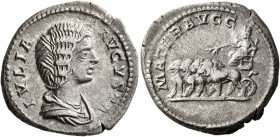 Julia Domna, Augusta, 193-217. Denarius (Silver, 19 mm, 3.30 g, 6 h), Rome, 196-211. IVLIA AVGVSTA Draped bust of Julia Domna to right. Rev. MATER AVG...