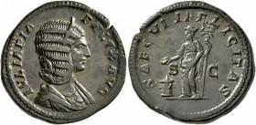 Julia Domna, Augusta, 193-217. Dupondius (Orichalcum, 26 mm, 14.14 g, 12 h), Rome, 211-217. IVLIA PIA FELIX AVG Diademed and draped bust of Julia Domn...