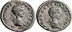 Caracalla, with Geta as Caesar, 198-217. Denarius (Silver, 19 mm, 3.48 g, 12 h), Laodicea ad Mare, 201. ANTONINVS AVG PONT TR P IIII Laureate, draped ...