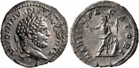 Caracalla, 198-217. Denarius (Silver, 19 mm, 3.02 g, 1 h), Rome, 210-213. ANTONINVS PIVS AVG BRIT Laureate head of Caracalla to right. Rev. MARTI PACA...