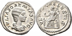 Julia Soaemias, Augusta, 218-222. Denarius (Silver, 20 mm, 3.37 g, 6 h), Rome, 218-220. IVLIA SOAEMIAS AVG Draped bust of Julia Soaemias to right. Rev...