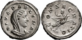 Diva Paulina, died before 235. Denarius (Silver, 20 mm, 1.90 g, 7 h), Rome. DIVA PAVLINA Veiled and draped bust of Diva Paulina to right. Rev. CONSECR...
