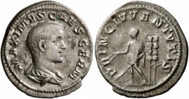 Maximus, Caesar, 235/6-238. Denarius (Silver, 20 mm, 3.07 g, 1 h), Rome, 236-238. MAXIMVS CAES GERM Bare-headed and draped bust of Maximus to right, s...