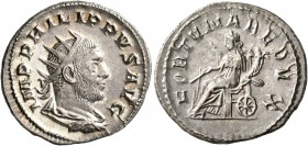 Philip I, 244-249. Antoninianus (Silver, 23 mm, 3.93 g, 1 h), Rome, 247-249. IMP PHILIPPVS AVG Radiate, draped and cuirassed bust of Philip I to right...