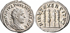 Philip I, 244-249. Antoninianus (Silver, 22 mm, 4.37 g, 11 h), Antiochia, 247-249. IMP M IVL PHILIPPVS AVG Radiate, draped and cuirassed bust of Phili...